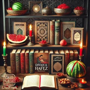 ایدههای جذاب برای تزئین شلف دیواری یلدایی، ترکیب انار، هندوانه و دیوان حافظ با شمعهای قرمز و سبز. این دکوراسیون خاص حال و هوای شب یلدا را به خانه شما میآورد