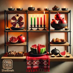 چیدمان شلف چوبی یلدایی با گلدانها، کتابهای دیوان حافظ، و تزئینات سنتی. این دکوراسیون میتواند جذابترین انتخاب برای شب چله باشد!