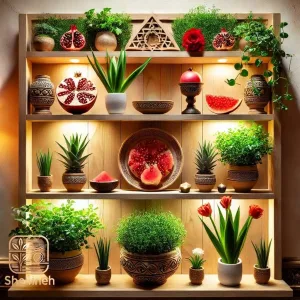 چیدمان شلف یلدایی با گلدانها، کتابهای دیوان حافظ، و تزئینات سنتی. این دکوراسیون میتواند جذابترین انتخاب برای شب چله باشد