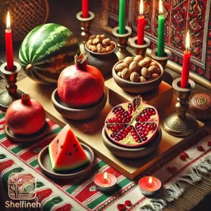 یک چیدمان زیبا برای شب یلدا با استفاده از ظروف سنتی، میوههای یلدایی و تزئینات خاص. ایدهآل برای دوستداران فرهنگ ایرانی