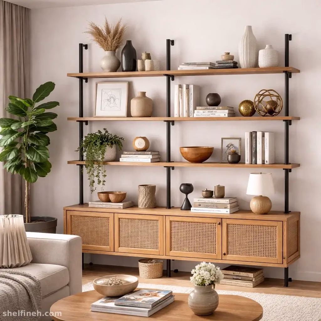 شلف چوبی طبیعی برای دکور اتاق نشیمن