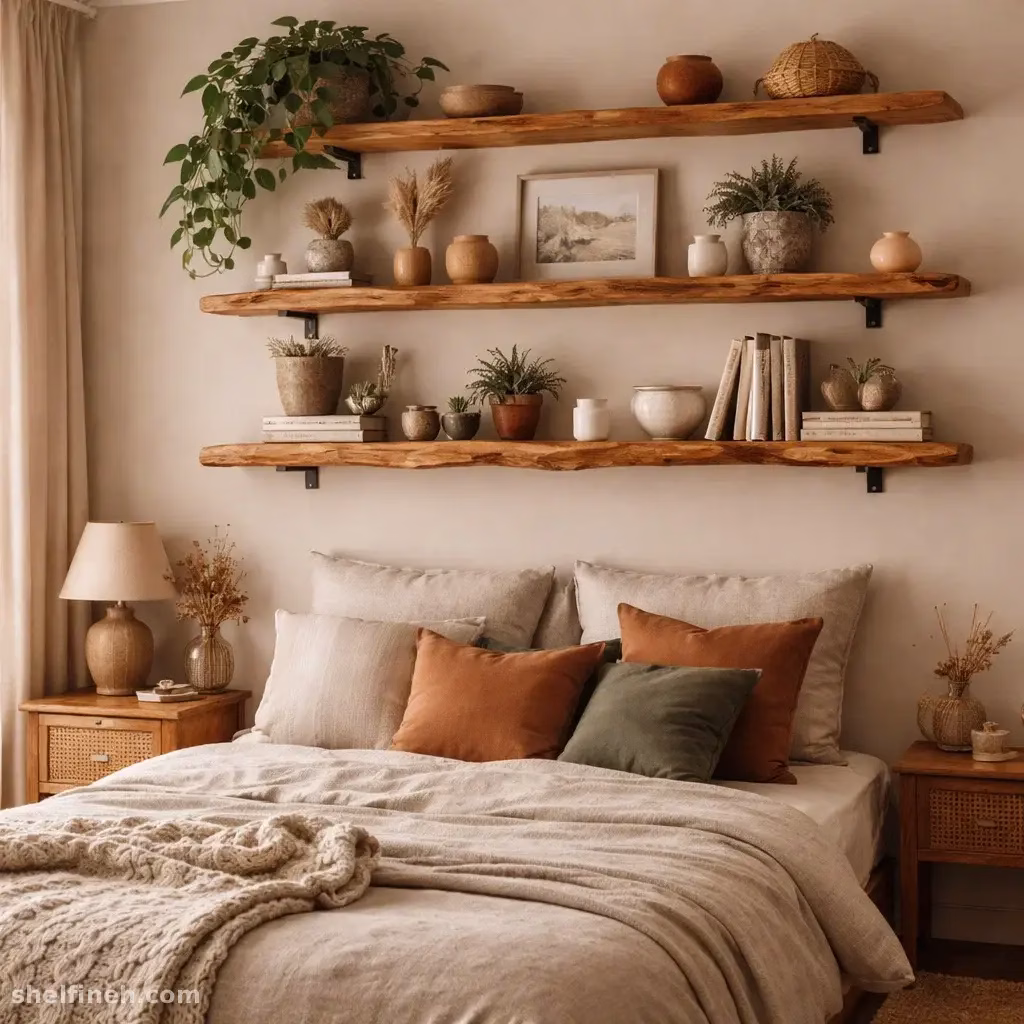 شلف چوبی طبیعی در دکوراسیون اتاق خواب