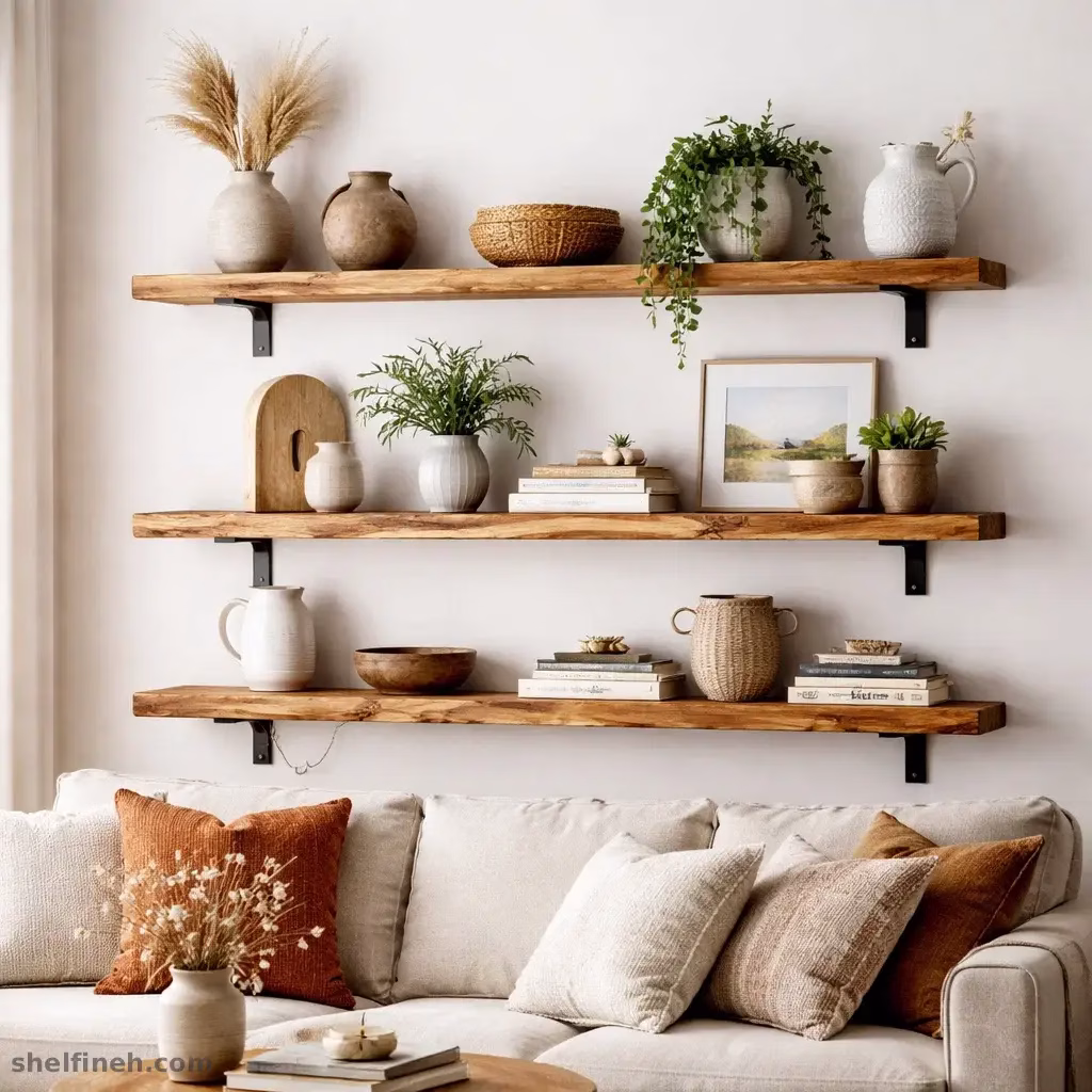 نصب شلف چوبی طبیعی در دیوار برای تزئین فضای داخلی